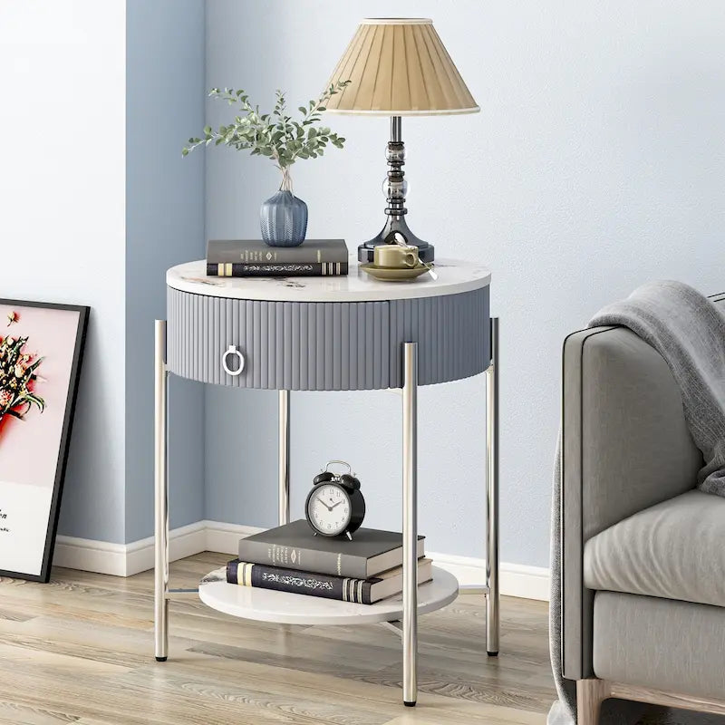 Table d'appoint moderne Myhozm avec tiroir de rangement, table de chevet ronde avec pieds en métal pour salon, chambre, bureau