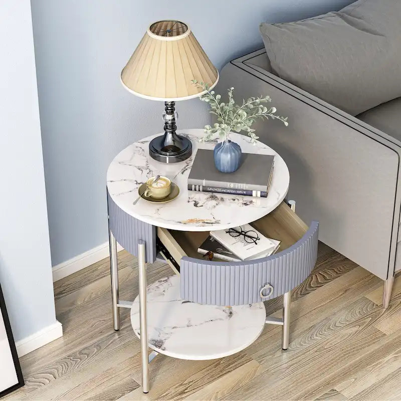 Table d'appoint moderne Myhozm avec tiroir de rangement, table de chevet ronde avec pieds en métal pour salon, chambre, bureau