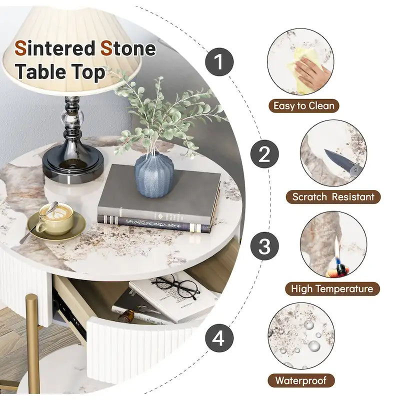 Table d'appoint moderne Myhozm avec tiroir de rangement, table de chevet ronde avec pieds en métal pour salon, chambre, bureau