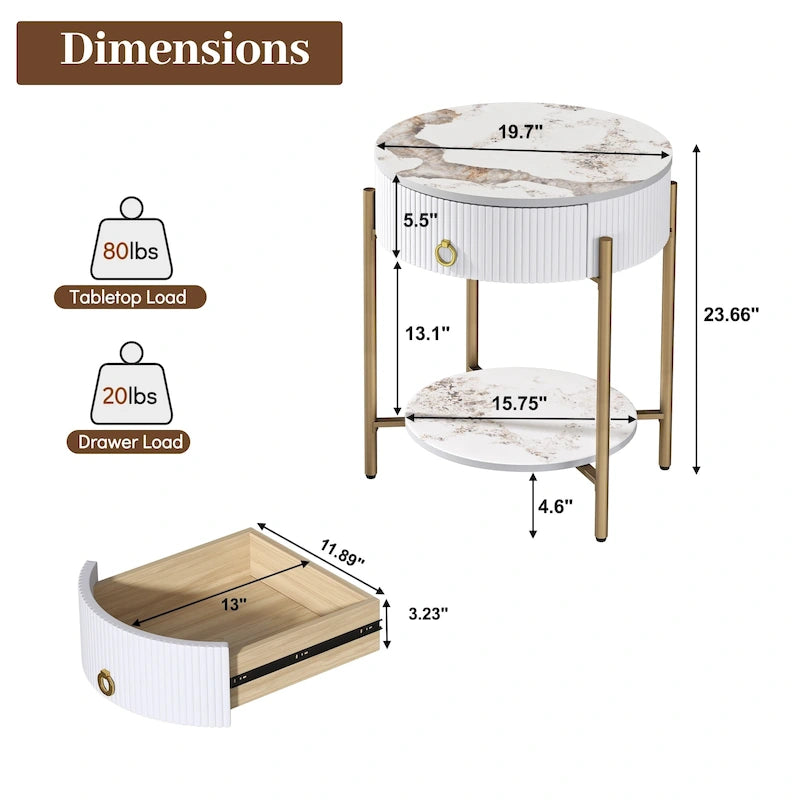 Table d'appoint moderne Myhozm avec tiroir de rangement, table de chevet ronde avec pieds en métal pour salon, chambre, bureau