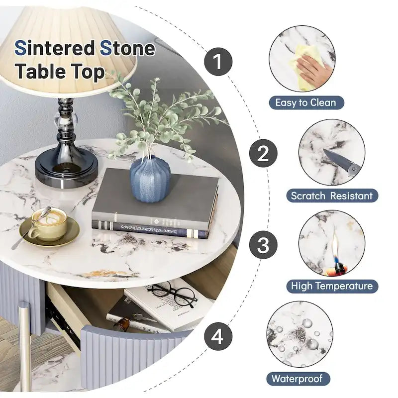 Table d'appoint moderne Myhozm avec tiroir de rangement, table de chevet ronde avec pieds en métal pour salon, chambre, bureau