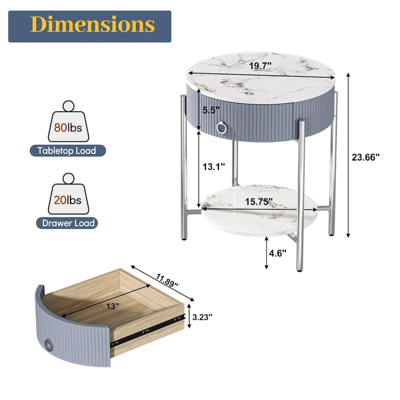 Table d'appoint moderne Myhozm avec tiroir de rangement, table de chevet ronde avec pieds en métal pour salon, chambre, bureau