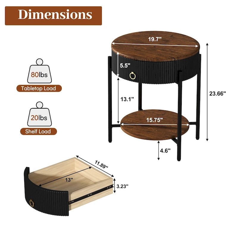 Table d'appoint moderne Myhozm avec tiroir de rangement, table de chevet ronde avec pieds en métal pour salon, chambre, bureau