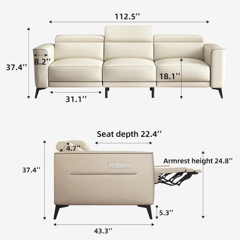 Canapé inclinable électrique en cuir de 112,5 pouces avec port de chargement USB
