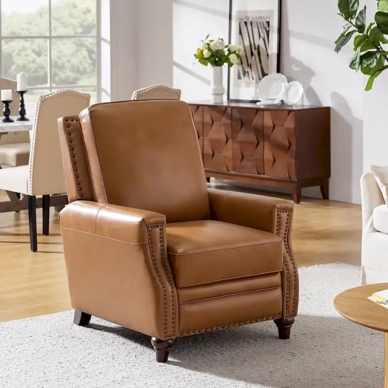 Fauteuil inclinable en cuir véritable style Mid-Century Modern, couleur cigare, orné de clous décoratifs, par HULALA HOME