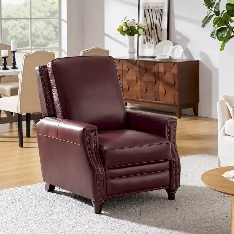 Fauteuil inclinable en cuir véritable style Mid-Century Modern, couleur cigare, orné de clous décoratifs, par HULALA HOME
