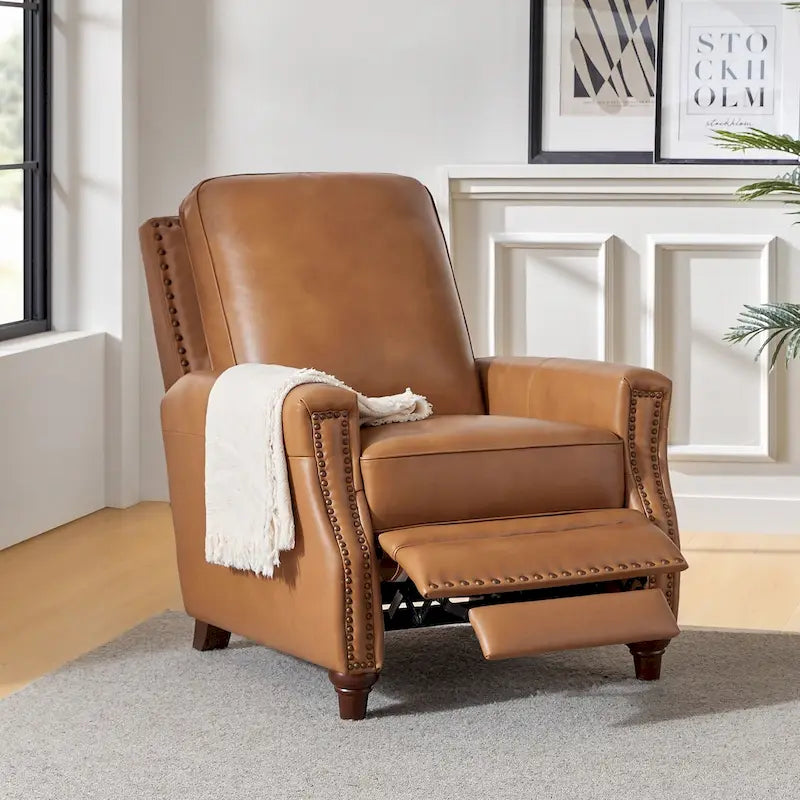 Fauteuil inclinable en cuir véritable style Mid-Century Modern, couleur cigare, orné de clous décoratifs, par HULALA HOME