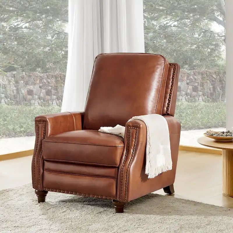 Fauteuil inclinable en cuir véritable style Mid-Century Modern, couleur cigare, orné de clous décoratifs, par HULALA HOME