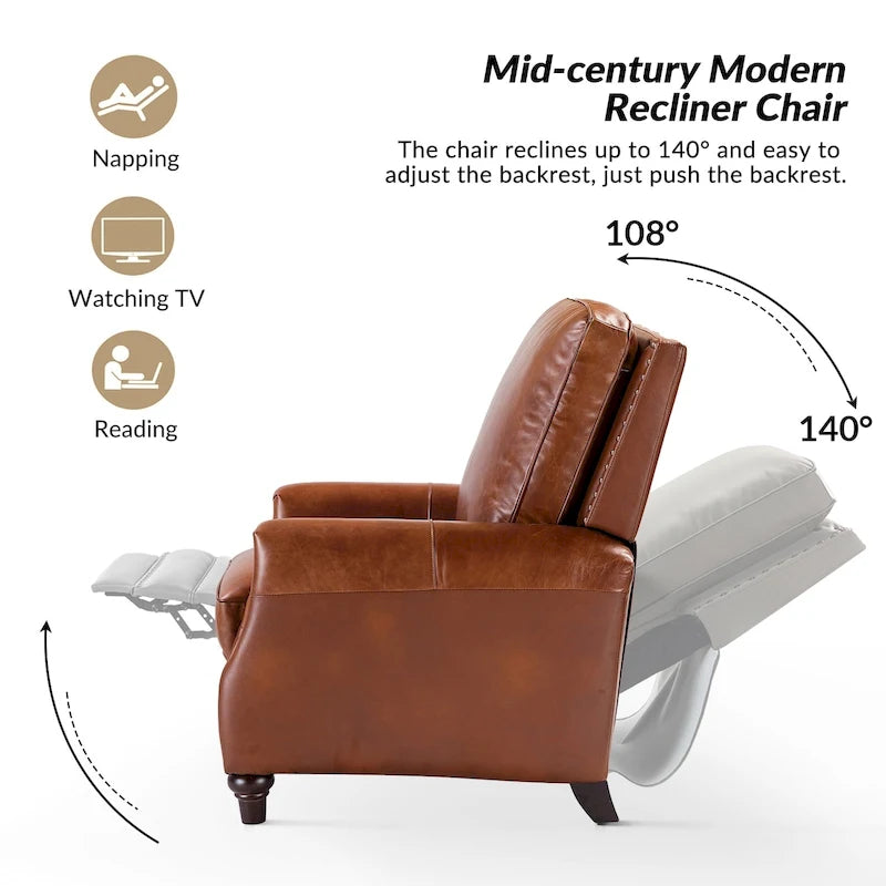 Fauteuil inclinable en cuir véritable style Mid-Century Modern, couleur cigare, orné de clous décoratifs, par HULALA HOME