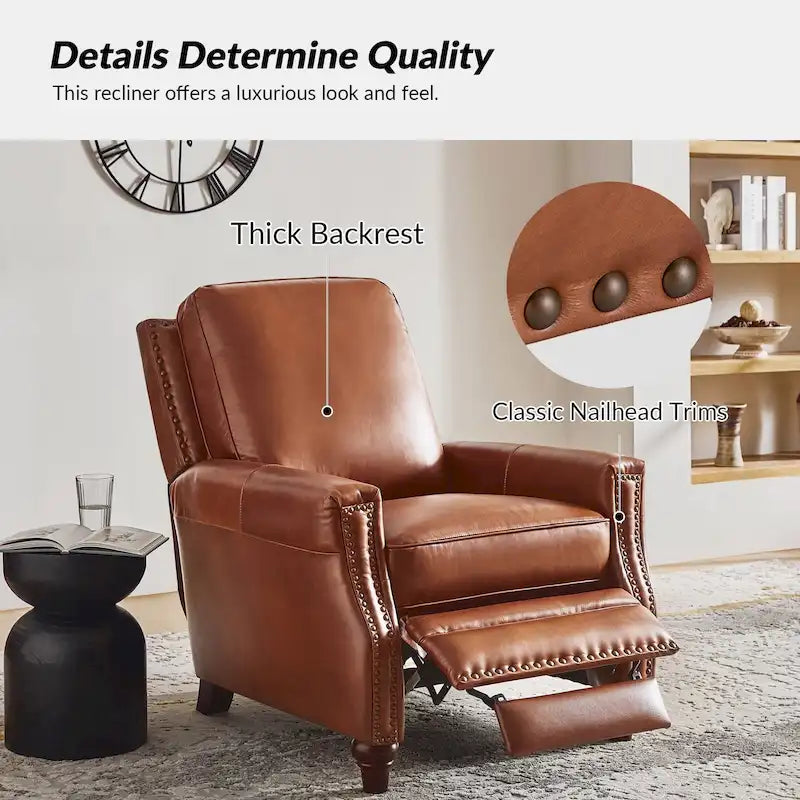 Fauteuil inclinable en cuir véritable style Mid-Century Modern, couleur cigare, orné de clous décoratifs, par HULALA HOME
