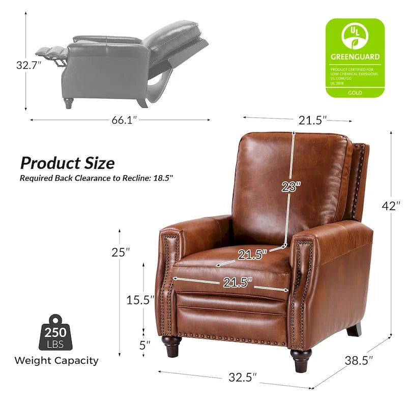Fauteuil inclinable en cuir véritable style Mid-Century Modern, couleur cigare, orné de clous décoratifs, par HULALA HOME