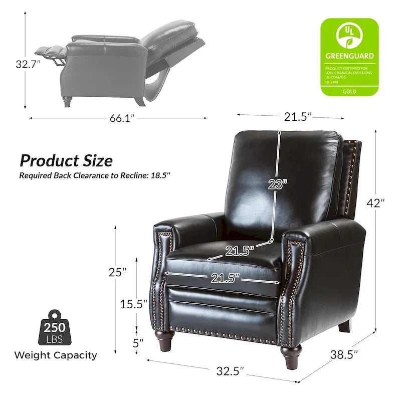 Fauteuil inclinable en cuir véritable style Mid-Century Modern, couleur cigare, orné de clous décoratifs, par HULALA HOME