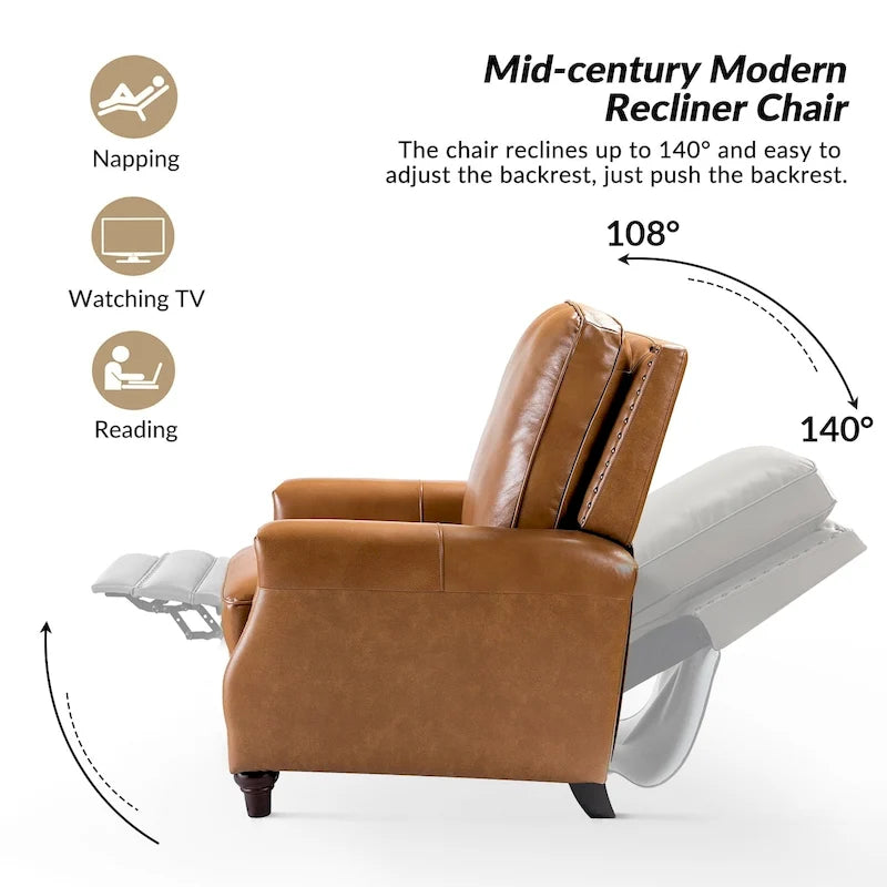 Fauteuil inclinable en cuir véritable style Mid-Century Modern, couleur cigare, orné de clous décoratifs, par HULALA HOME