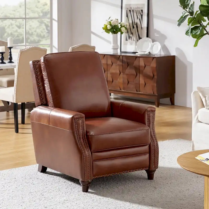 Fauteuil inclinable en cuir véritable style Mid-Century Modern, couleur cigare, orné de clous décoratifs, par HULALA HOME