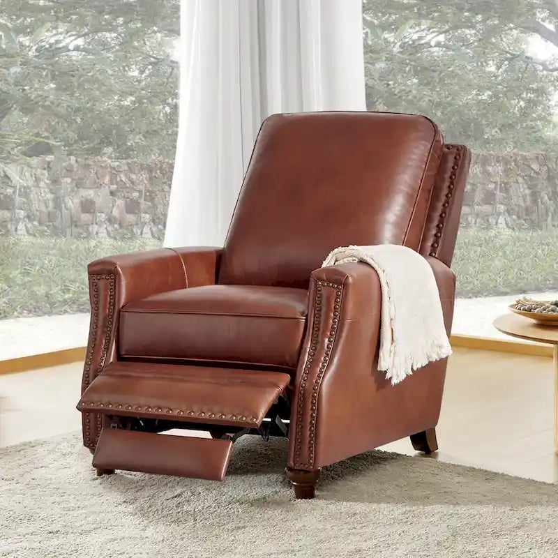 Fauteuil inclinable en cuir véritable style Mid-Century Modern, couleur cigare, orné de clous décoratifs, par HULALA HOME