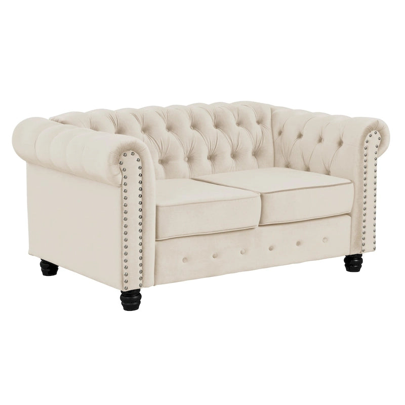 Canapé Chesterfield deux places Morden Fort en velours, capitonné, clouté et pieds massifs, idéal pour le salon.