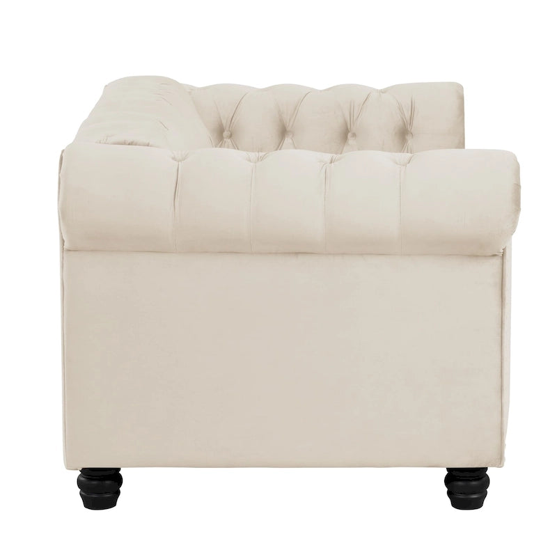 Canapé Chesterfield deux places Morden Fort en velours, capitonné, clouté et pieds massifs, idéal pour le salon.
