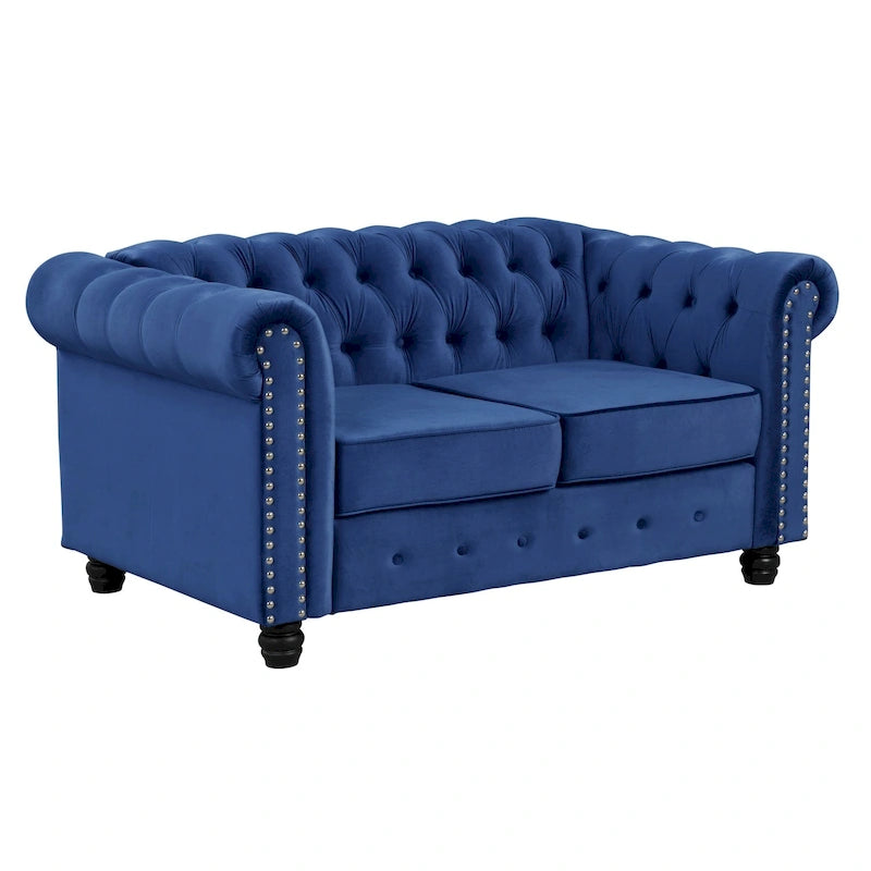 Canapé Chesterfield deux places Morden Fort en velours, capitonné, clouté et pieds massifs, idéal pour le salon.