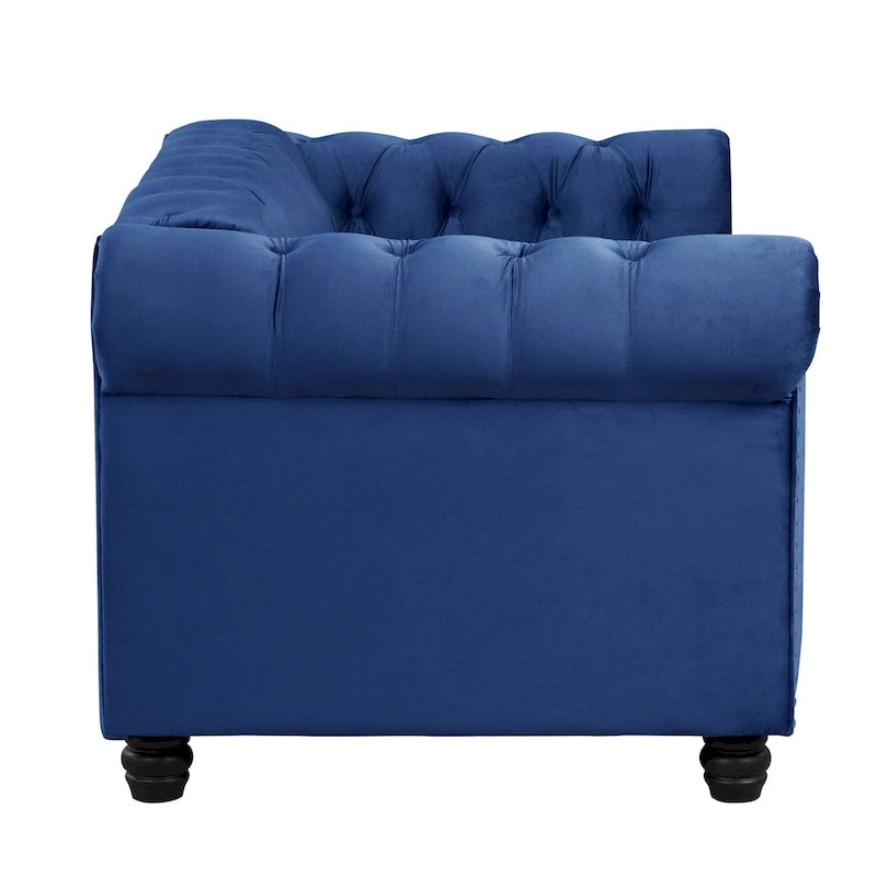Canapé Chesterfield deux places Morden Fort en velours, capitonné, clouté et pieds massifs, idéal pour le salon.