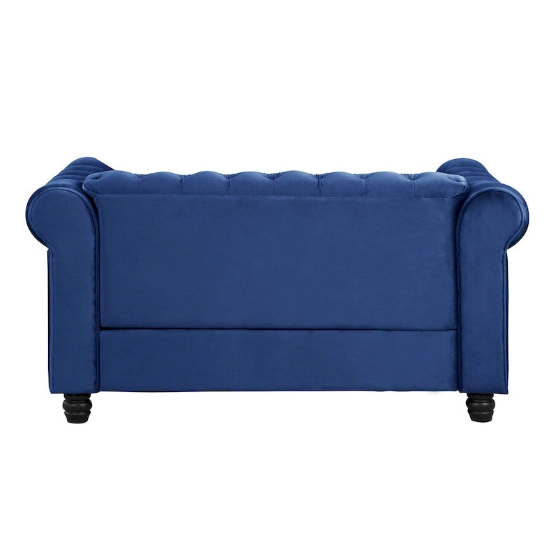 Canapé Chesterfield deux places Morden Fort en velours, capitonné, clouté et pieds massifs, idéal pour le salon.
