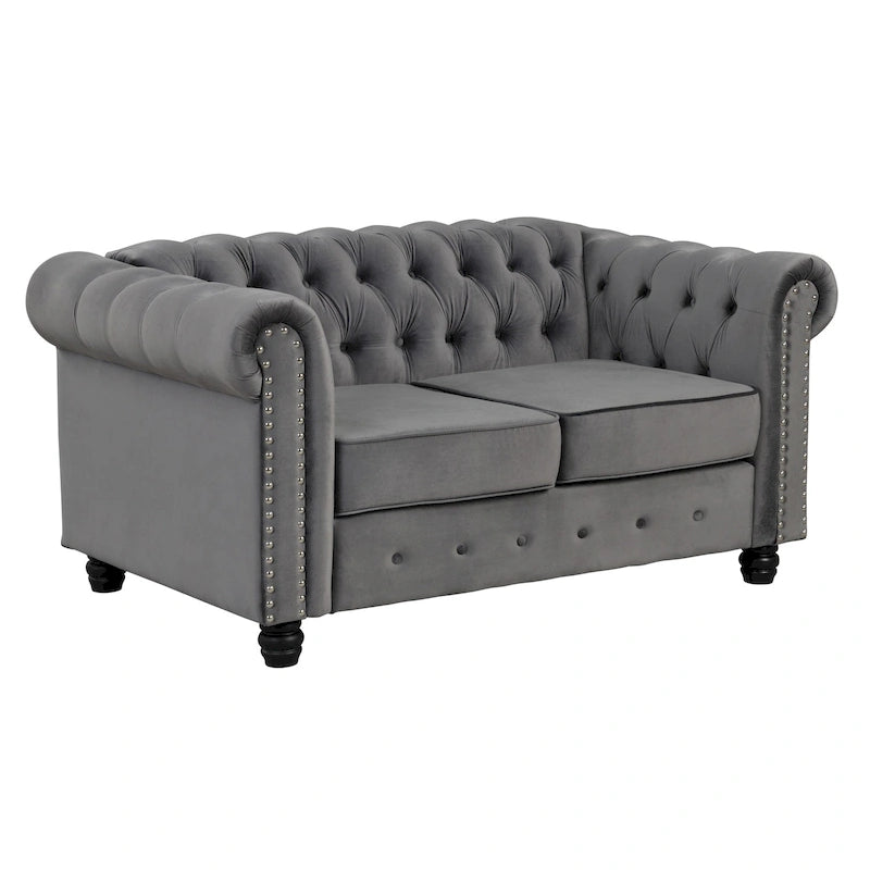 Canapé Chesterfield deux places Morden Fort en velours, capitonné, clouté et pieds massifs, idéal pour le salon.