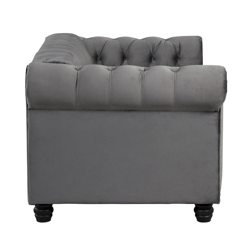Canapé Chesterfield deux places Morden Fort en velours, capitonné, clouté et pieds massifs, idéal pour le salon.