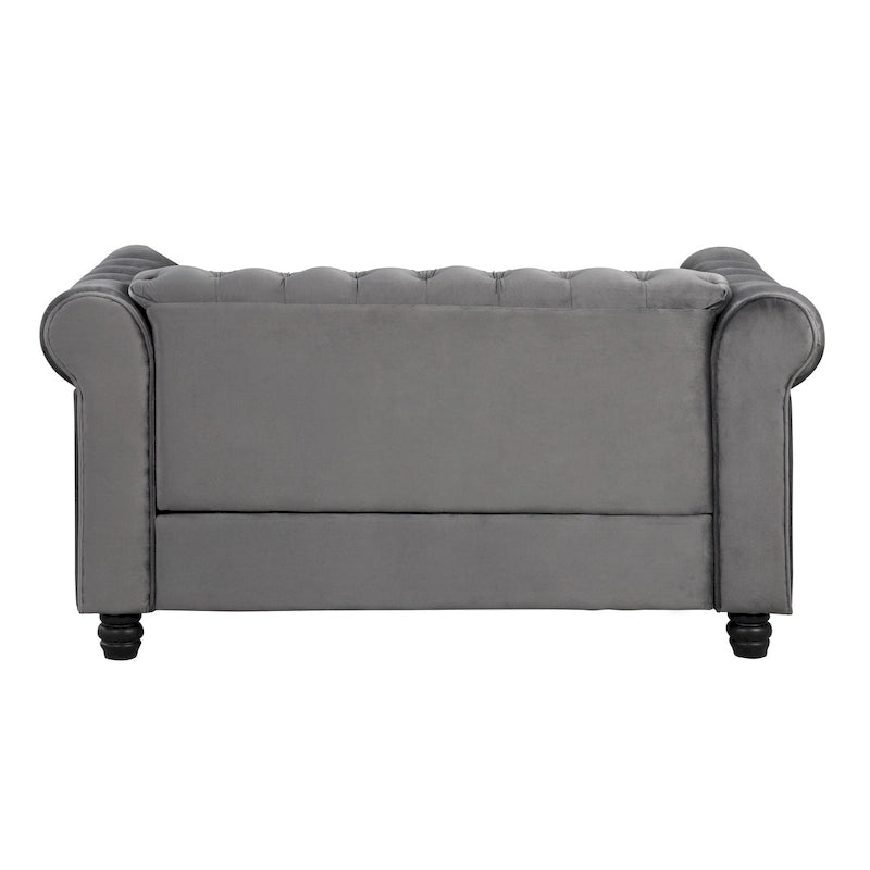 Canapé Chesterfield deux places Morden Fort en velours, capitonné, clouté et pieds massifs, idéal pour le salon.