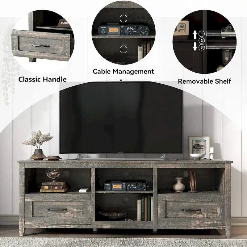 Magnifique meuble TV 70 pouces avec tiroirs, étagères et portes pour salon ou chambre à coucher - 70 pouces