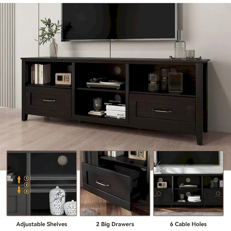 Magnifique meuble TV 70 pouces avec tiroirs, étagères et portes pour salon ou chambre à coucher - 70 pouces