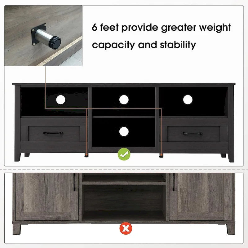 Magnifique meuble TV 70 pouces avec tiroirs, étagères et portes pour salon ou chambre à coucher - 70 pouces