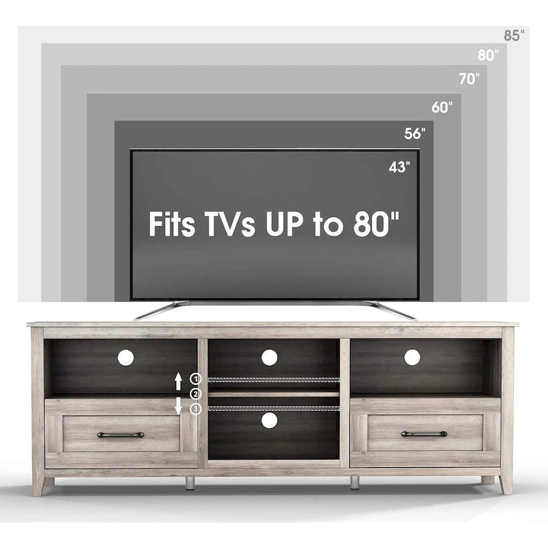 Magnifique meuble TV 70 pouces avec tiroirs, étagères et portes pour salon ou chambre à coucher - 70 pouces