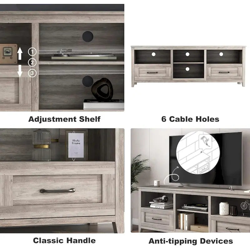Magnifique meuble TV 70 pouces avec tiroirs, étagères et portes pour salon ou chambre à coucher - 70 pouces