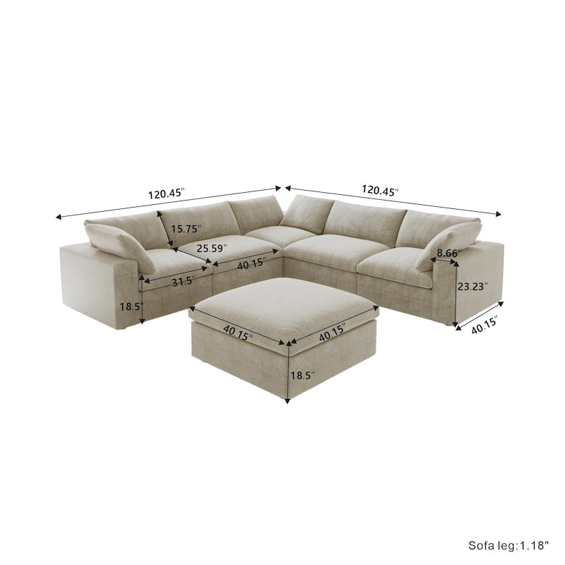 Grand canapé d'angle rembourré de duvet avec pouf pour salon