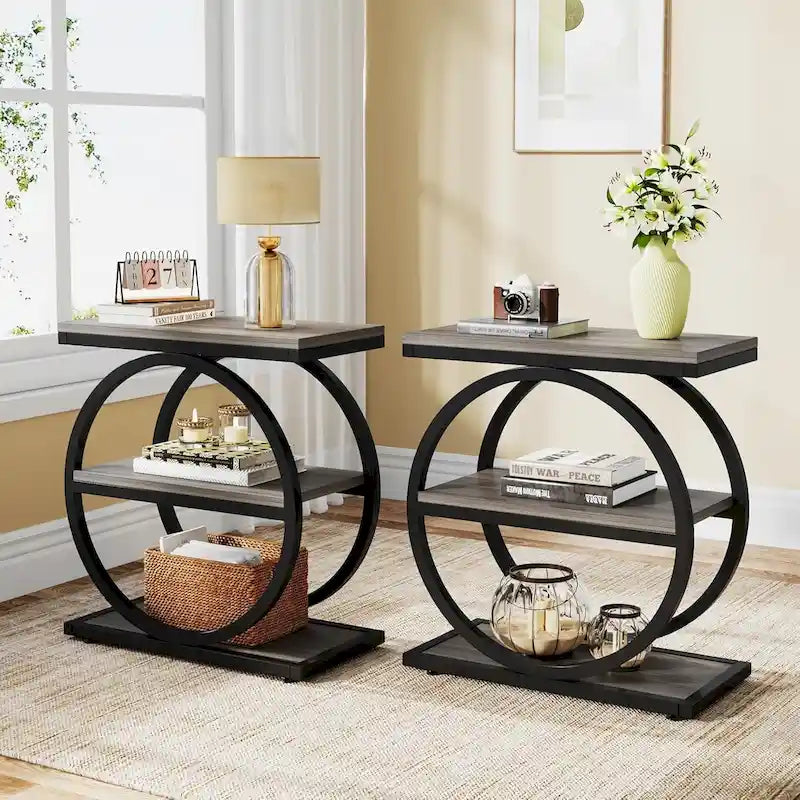 Table d'appoint étroite avec 3 étagères de rangement, table de chevet en bois pour salon
