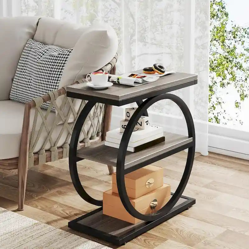 Table d'appoint étroite avec 3 étagères de rangement, table de chevet en bois pour salon