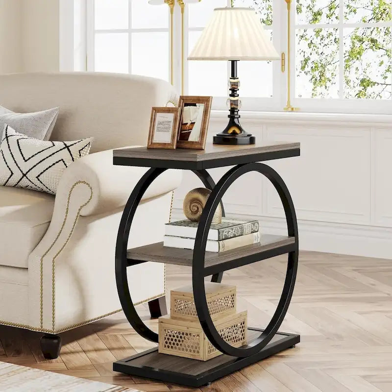 Table d'appoint étroite avec 3 étagères de rangement, table de chevet en bois pour salon