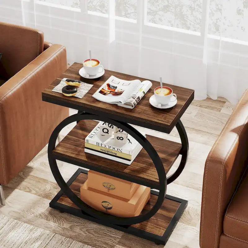 Table d'appoint étroite avec 3 étagères de rangement, table de chevet en bois pour salon