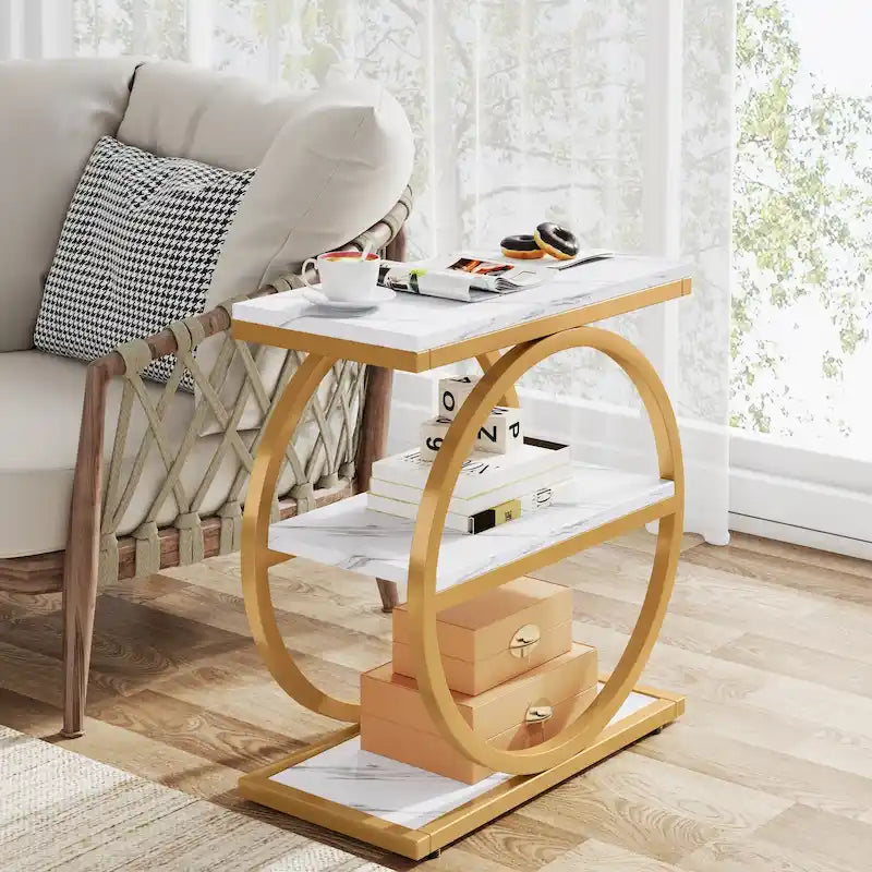 Table d'appoint étroite avec 3 étagères de rangement, table de chevet en bois pour salon