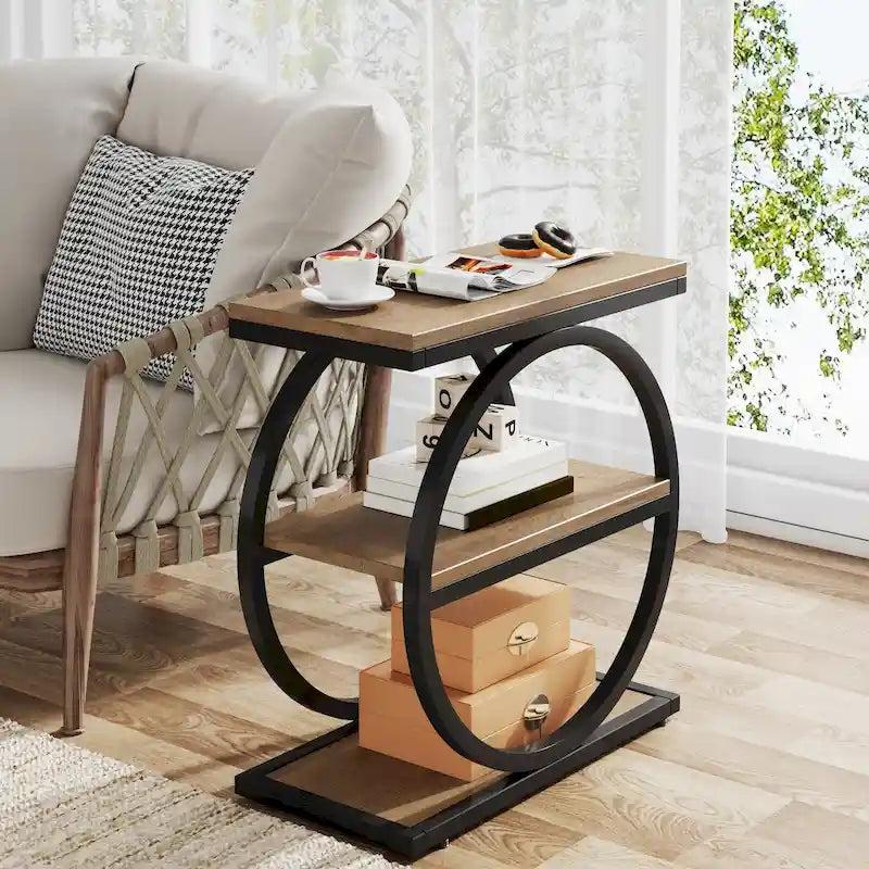 Table d'appoint étroite avec 3 étagères de rangement, table de chevet en bois pour salon