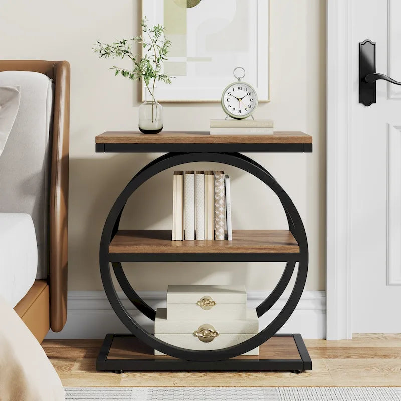 Table d'appoint étroite avec 3 étagères de rangement, table de chevet en bois pour salon