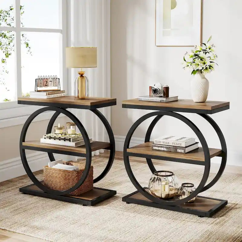 Table d'appoint étroite avec 3 étagères de rangement, table de chevet en bois pour salon