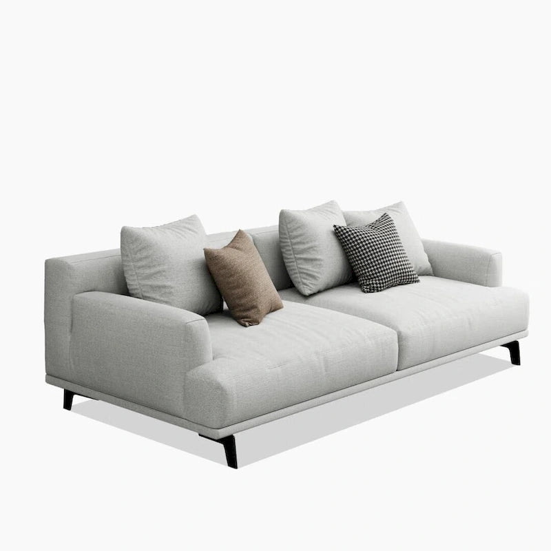 Canapé droit en tissu beige avec accoudoirs carrés