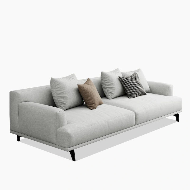 Canapé droit en tissu beige avec accoudoirs carrés