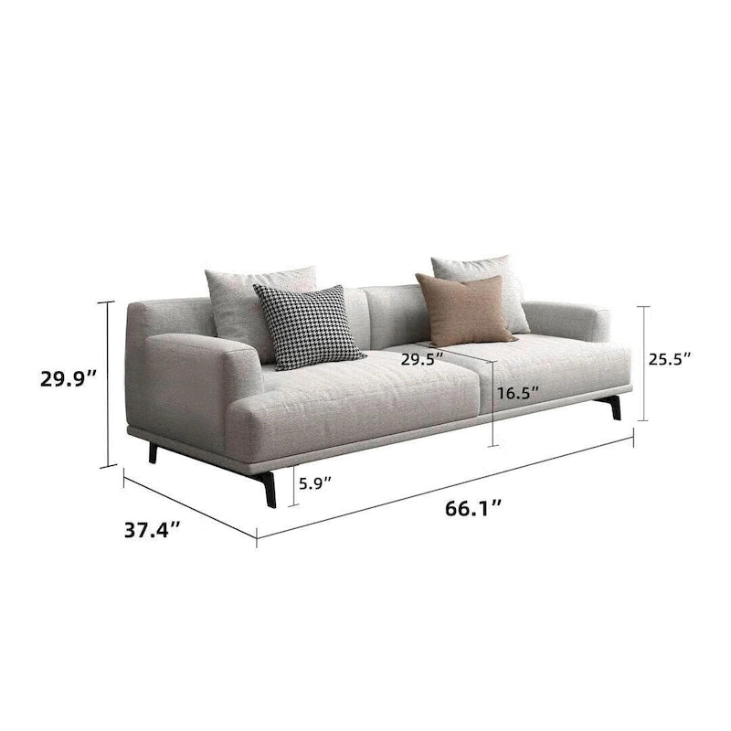 Canapé droit en tissu beige avec accoudoirs carrés