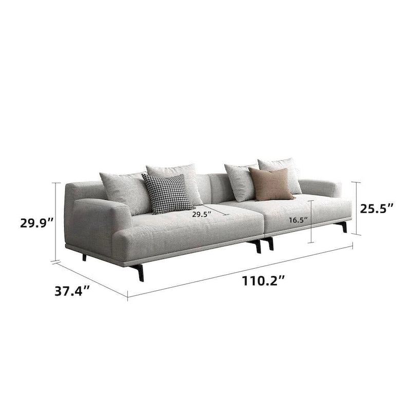 Canapé droit en tissu beige avec accoudoirs carrés