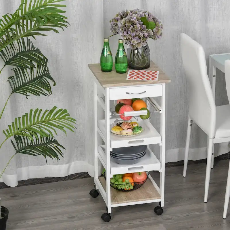 Chariot de cuisine mobile HOMCOM avec tiroir inférieur et panier de rangement coulissant en fil métallique