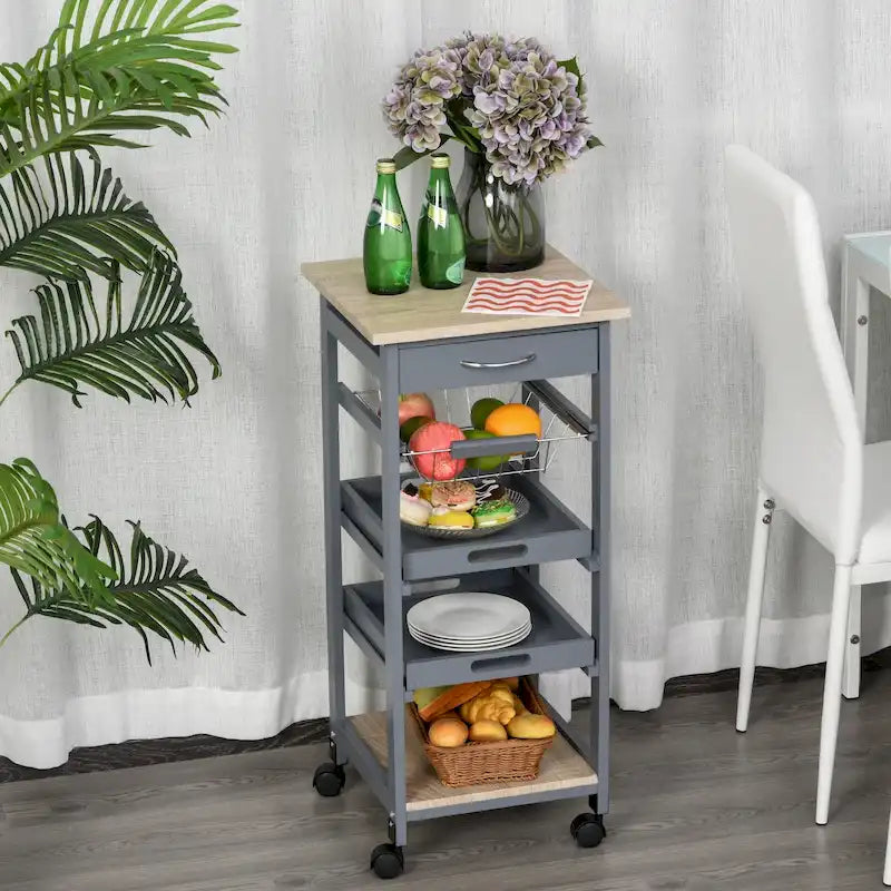 Chariot de cuisine mobile HOMCOM avec tiroir inférieur et panier de rangement coulissant en fil métallique