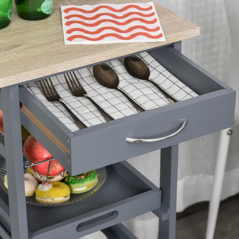 Chariot de cuisine mobile HOMCOM avec tiroir inférieur et panier de rangement coulissant en fil métallique