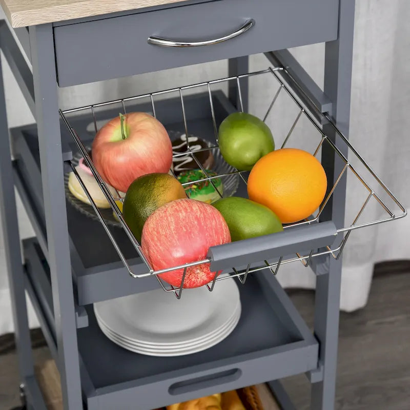Chariot de cuisine mobile HOMCOM avec tiroir inférieur et panier de rangement coulissant en fil métallique