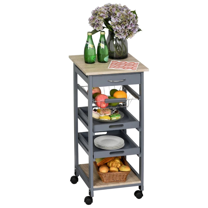 Chariot de cuisine mobile HOMCOM avec tiroir inférieur et panier de rangement coulissant en fil métallique